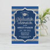 Invitation Graduation - Silver Navy Blue Stripes (Debout devant)