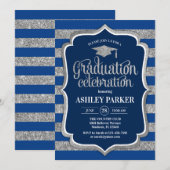 Invitation Graduation - Silver Navy Blue Stripes (Devant / Derrière)
