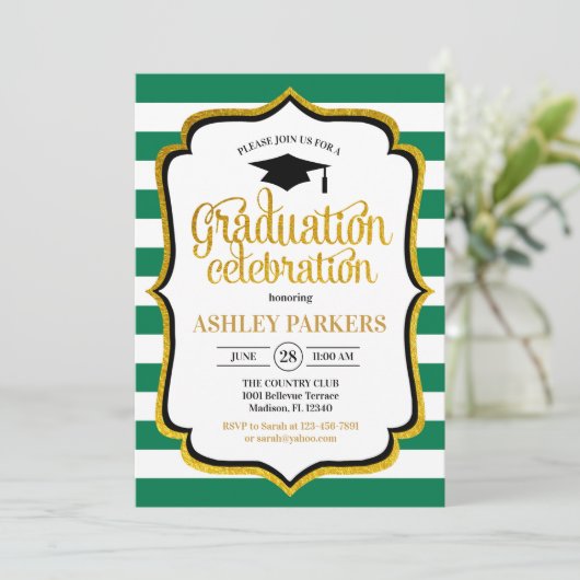 Invitation Graduation - Vert Or Blanc (Debout devant)