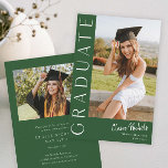 Invitation Graduation Vertical Vert Photo Moderne<br><div class="desc">Cette élégante invitation à la graduation de photos design moderne comprend une photo verticale et un titre avec un nom de script personnalisable et du texte sur le devant. Le dos a une invitation avec les détails de la fête. Une excellente façon de présenter votre diplômé. Cliquez sur le bouton...</div>