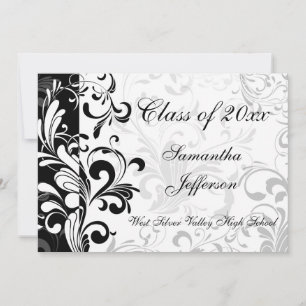 Invitation Graduation Whimsical Black and White Swirl