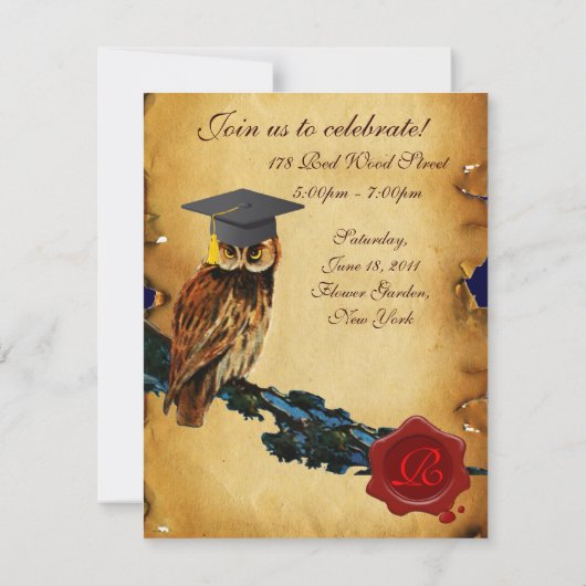 Invitation GRADUCATION OWL PARCHMENT WAX SEAL MONOGRAM Felt (Dos)
