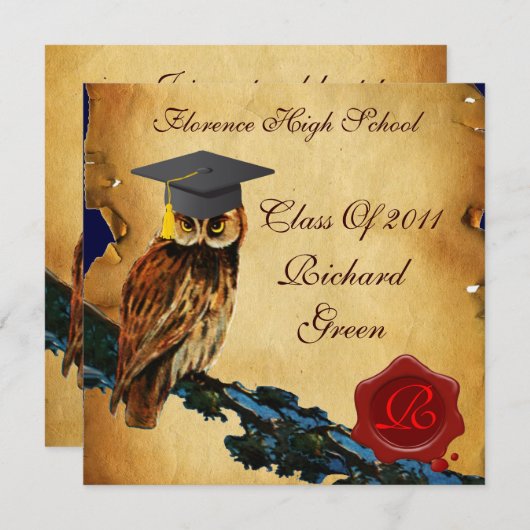 Invitation GRADUCATION OWL PARCHMENT WAX SEAL MONOGRAM Felt (Devant / Derrière)