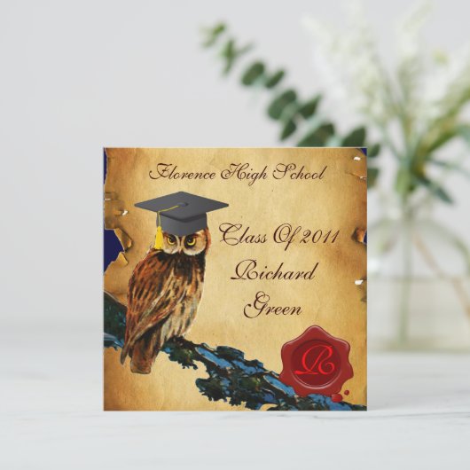 Invitation GRADUCATION OWL PARCHMENT WAX SEAL MONOGRAM Felt (Debout devant)