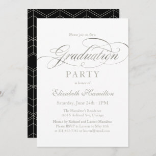 Invitation Gradué Élégant Foil Argent Script Grad Party