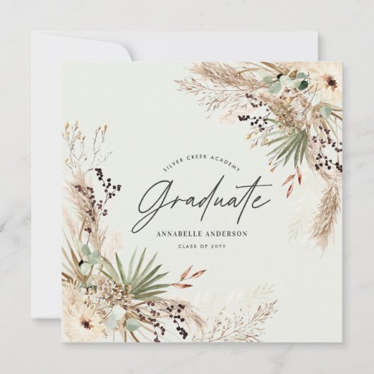 Invitation Gradué faveur pampas eucalyptus élégant script (Dos)