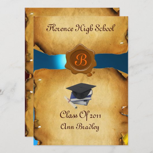 Invitation GRADUM MODÈLE PHOTO PARCHEMENT bleu cire Sceau (Devant / Derrière)