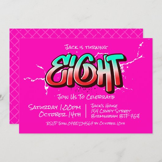 Invitation Graffiti Clair pour Huit Ans (Devant / Derrière)