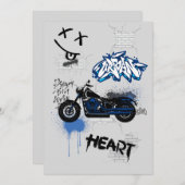 Invitation Graffiti de moto noir et bleu gris (Devant / Derrière)