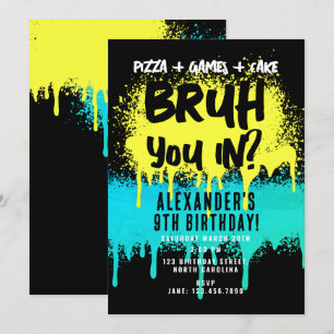 Invitation Graffiti Jaune de Bruh Boy's Birthday Neon Turquoi
