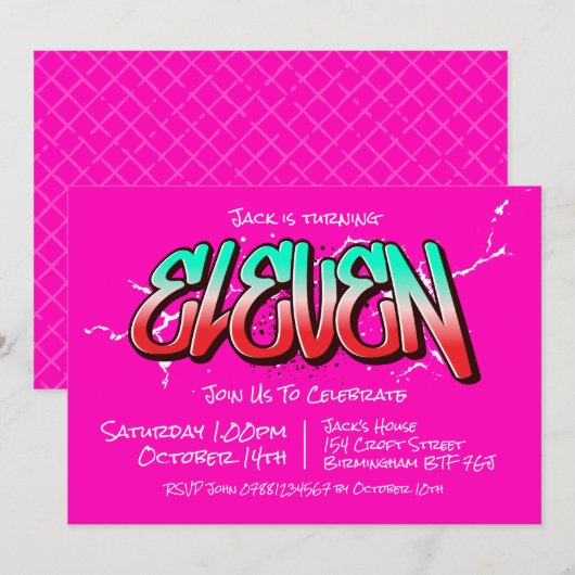 Invitation Graffiti Lumineux Onze Ans (Devant / Derrière)