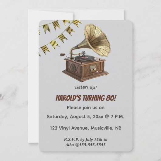 Invitation Gramophone et Guirlande Modifiables (Devant)