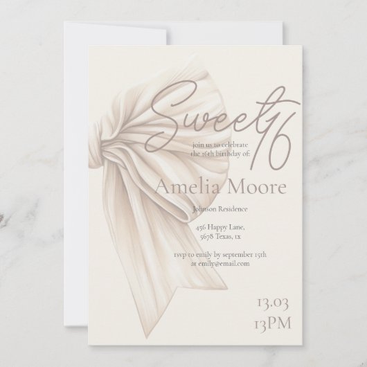 Invitation Grand Bow Boho Beige Sweet 16 (Devant)