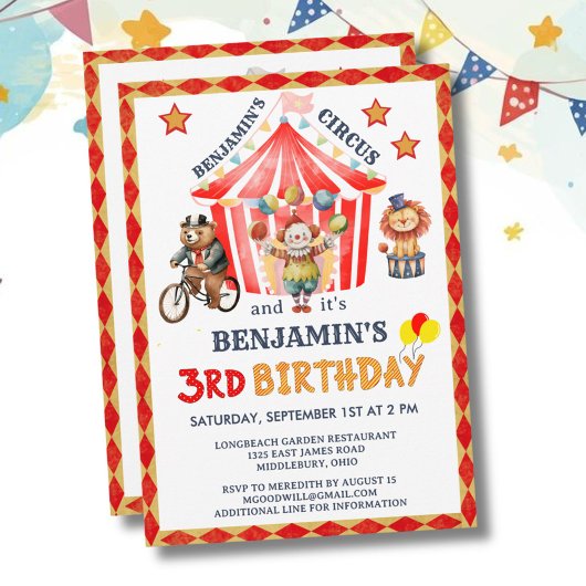 Invitation Grand Cirque Carnaval Fête Garçon 3ème Anniversair