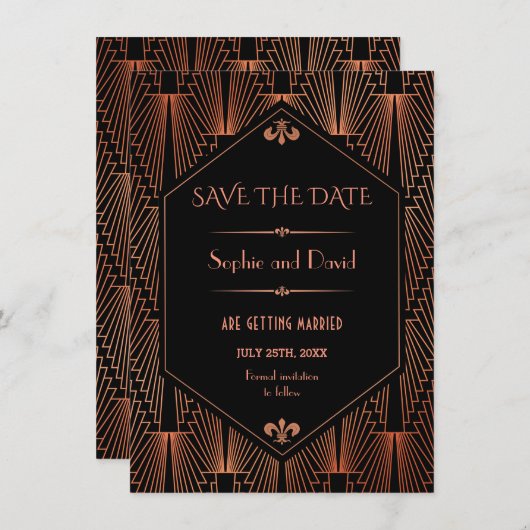 Invitation Grand Gatsby Cuivre Art Déco Mariage Enregistrer L (Devant / Derrière)