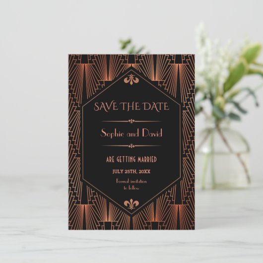 Invitation Grand Gatsby Cuivre Art Déco Mariage Enregistrer L (Debout devant)