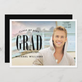 Invitation Grand gras | White Text Photo Graduation Party (Devant / Derrière)