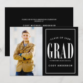 Invitation Grand gras | White Text Photo Graduation Party (Devant / Derrière)