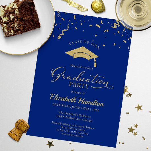 Invitation Grand Lycée Gold Confetti Bleu