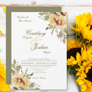 Invitation Grand Mariage de tournesols vert doux rustique