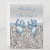 Invitation Grand Mariage Faux Séquins Argent Bow bleu Dusty (Devant)