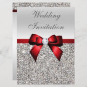 Invitation Grand Mariage Faux Séquins Argent Bow Rouge (Devant / Derrière)