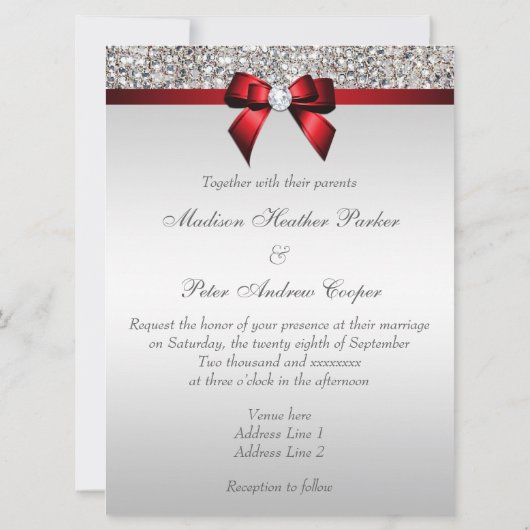 Invitation Grand Mariage Faux Séquins Argent Bow Rouge (Dos)