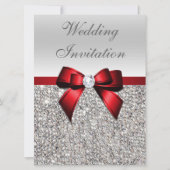 Invitation Grand Mariage Faux Séquins Argent Bow Rouge (Devant)