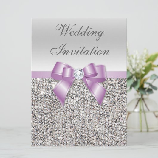 Invitation Grand Mariage Faux Séquins Argent Lilac Bow (Debout devant)