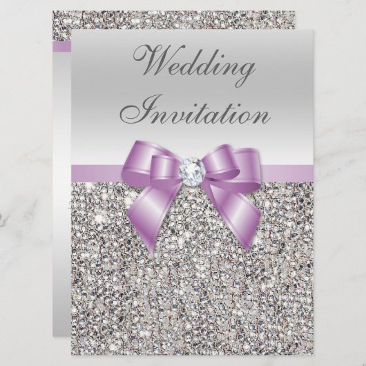 Invitation Grand Mariage Faux Séquins Argent Lilac Bow (Devant / Derrière)