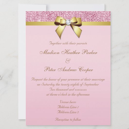 Invitation Grand Mariage Faux Séquins Rose Bow Or (Dos)