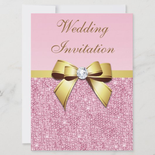 Invitation Grand Mariage Faux Séquins Rose Bow Or (Devant)