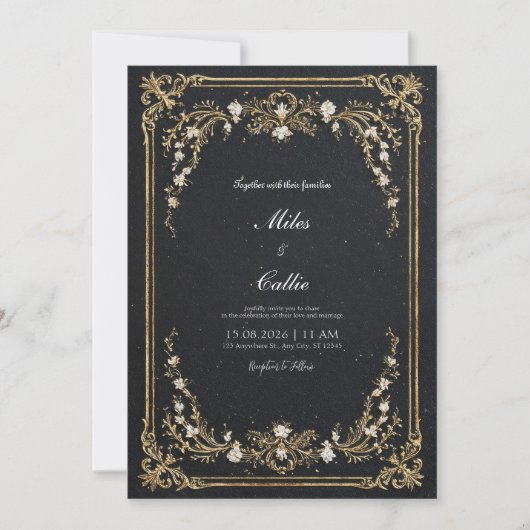 Invitation Grand Mariage Floral Noir et Or (Devant)
