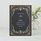 Invitation Grand Mariage Floral Noir et Or (Debout devant)
