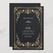 Invitation Grand Mariage Floral Noir et Or (Devant / Derrière)
