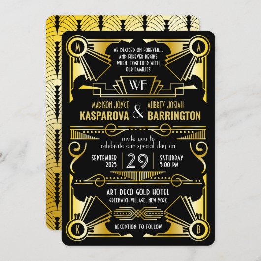 Invitation Grand Mariage Gatsby Ornate Gold & Black Art Déco (Devant / Derrière)