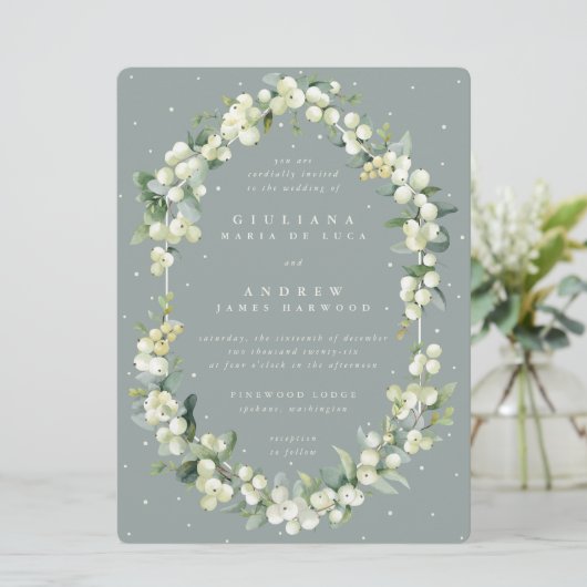 Invitation Grand Mariage Seafoam Green Snowberry + Eucalyptus (Debout devant)