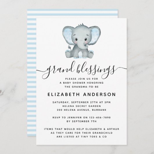 Invitation Grand-mère de l'éléphant bleu au Baby shower (Devant / Derrière)