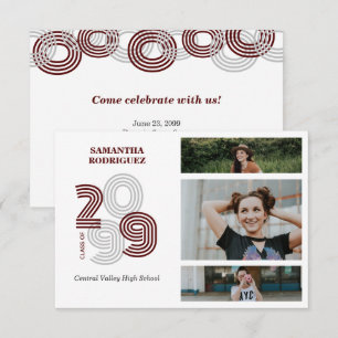 Invitation Grand nombre de Maroon Retro 3-Photo Graduation