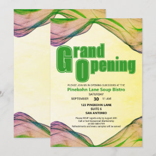 Invitation Grand Opening Vert Jaune Bordure Aquarelle Vague