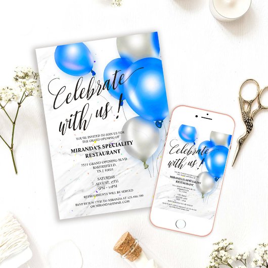 Invitation Grand ouverture de coupe du ruban à ballons bleu a