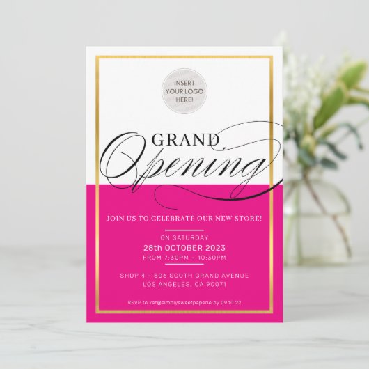 Invitation GRAND OUVERTURE logo d'entreprise moderne or rose  (Debout devant)