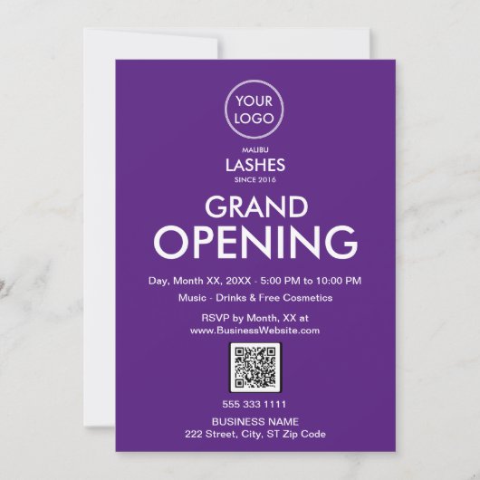 Invitation Grand Ouverture Moderne Purple Business Logo Code (Devant)