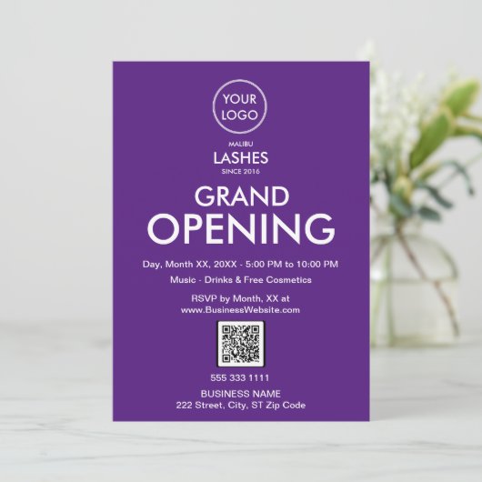 Invitation Grand Ouverture Moderne Purple Business Logo Code (Debout devant)