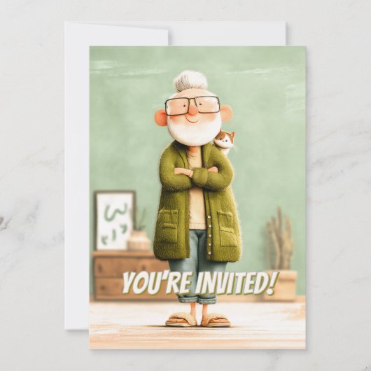 Invitation Grand-père de charme et son chat (Devant)