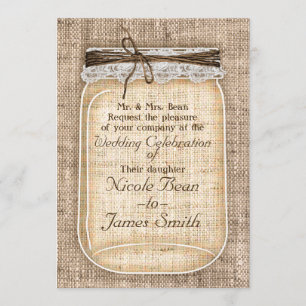 Invitation Grand pot Mason avec toile de jute et dentelle rus