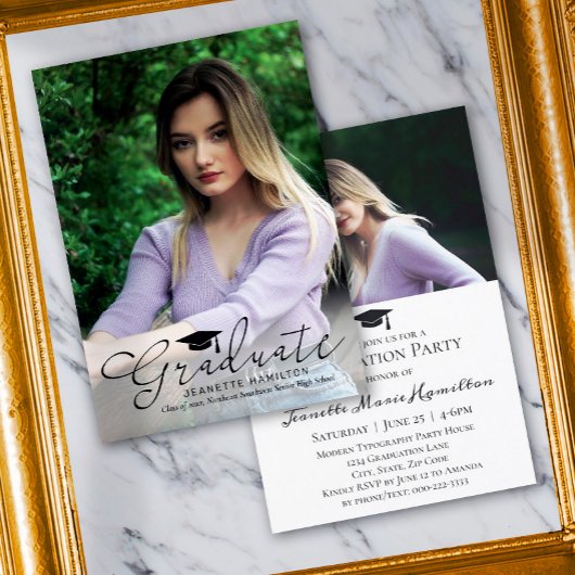 Invitation Grand script de typographie - Diplôme photo avant/