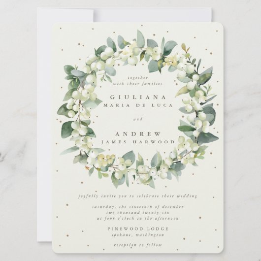 Invitation Grande crème Snowberry + Eucalyptus Wreath Mariage (Devant)