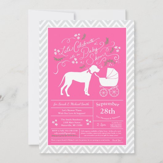 Invitation Grande Dane Chien Baby shower Rose fille (Devant)