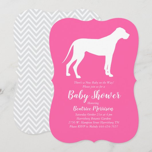 Invitation Grande Dane Chien Baby shower Rose fille (Devant / Derrière)
